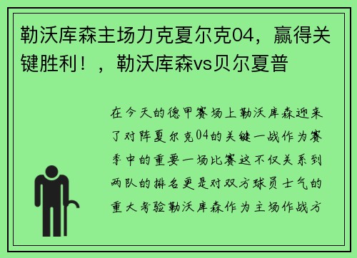 勒沃库森主场力克夏尔克04，赢得关键胜利！，勒沃库森vs贝尔夏普