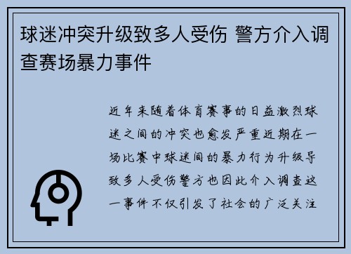 球迷冲突升级致多人受伤 警方介入调查赛场暴力事件