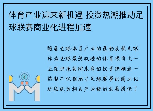 体育产业迎来新机遇 投资热潮推动足球联赛商业化进程加速